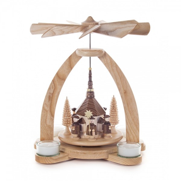 Dregeno Erzgebirge - Pyramide klein mit Seiffener Kirche und Kurrende, für Teelichter - 26cm