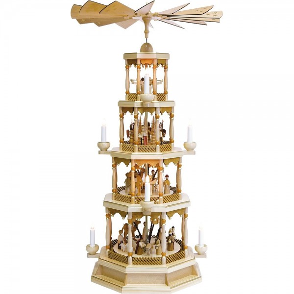 Richard Glässer Erzgebirgspyramide Christi Geburt 4-stöckig elektrisch mit Spielwerk 100cm