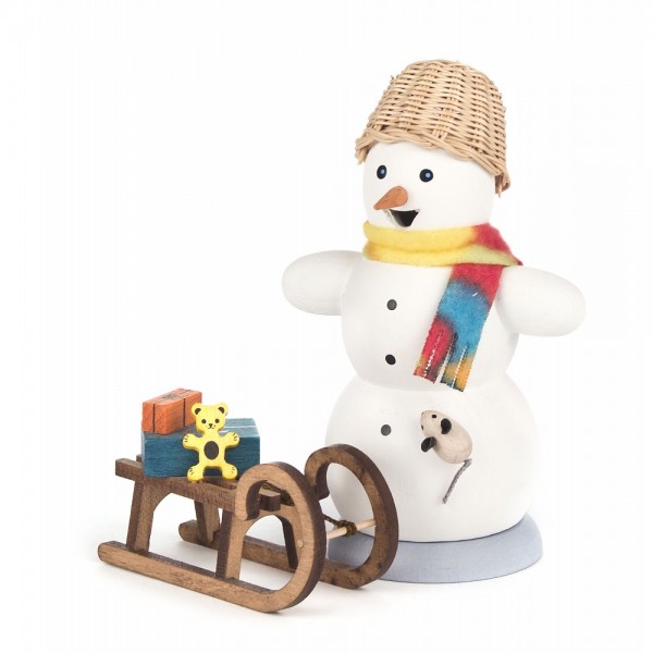 Dregeno Erzgebirge - Räuchermann Schneemann mit Schlitten - 13cm