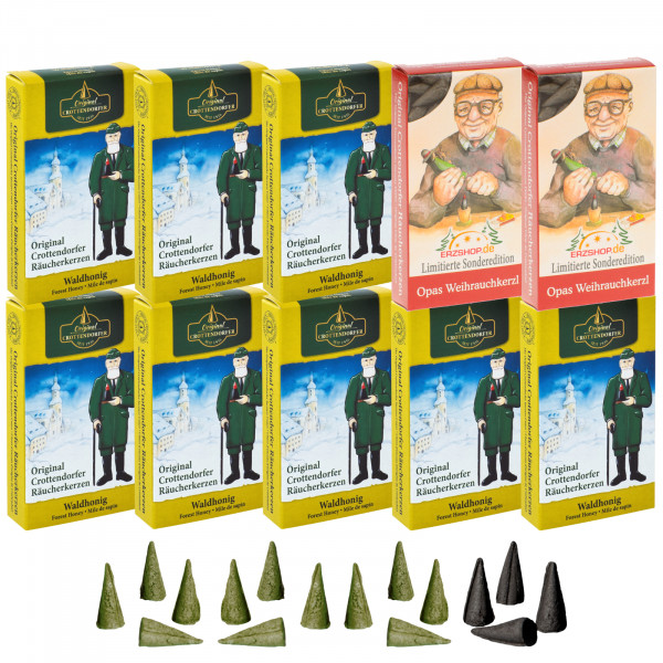 Original Crottendorfer Räucherkerzen Waldhonig - 10 Schachteln - 8x Waldhonig, 2x Opas Weihrauchkerzl