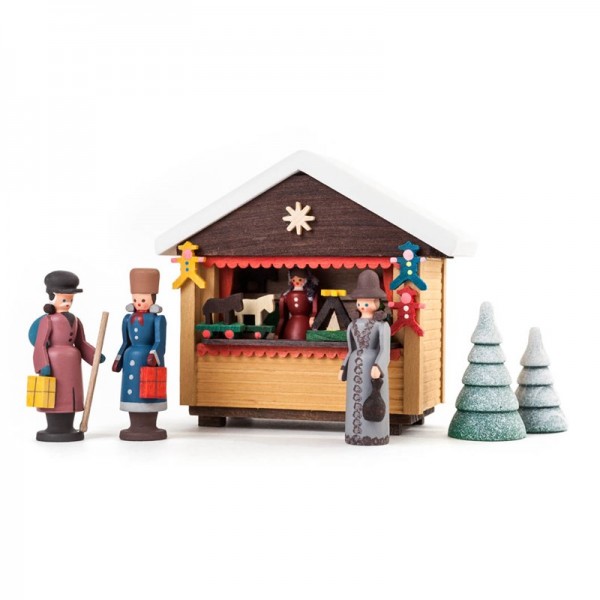 Dregeno Erzgebirge - Miniatur-Weihnachtsmarktbude mit 3 Figuren und 2 Bäumchen