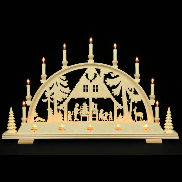 Holzkunst Niederle - Lichterbogen Erzgebirge - Motiv Waldhaus mit Sternblende und Bäume